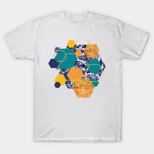 Blue, orange, navy, yellow and gold geometric hexagons T-Shirt